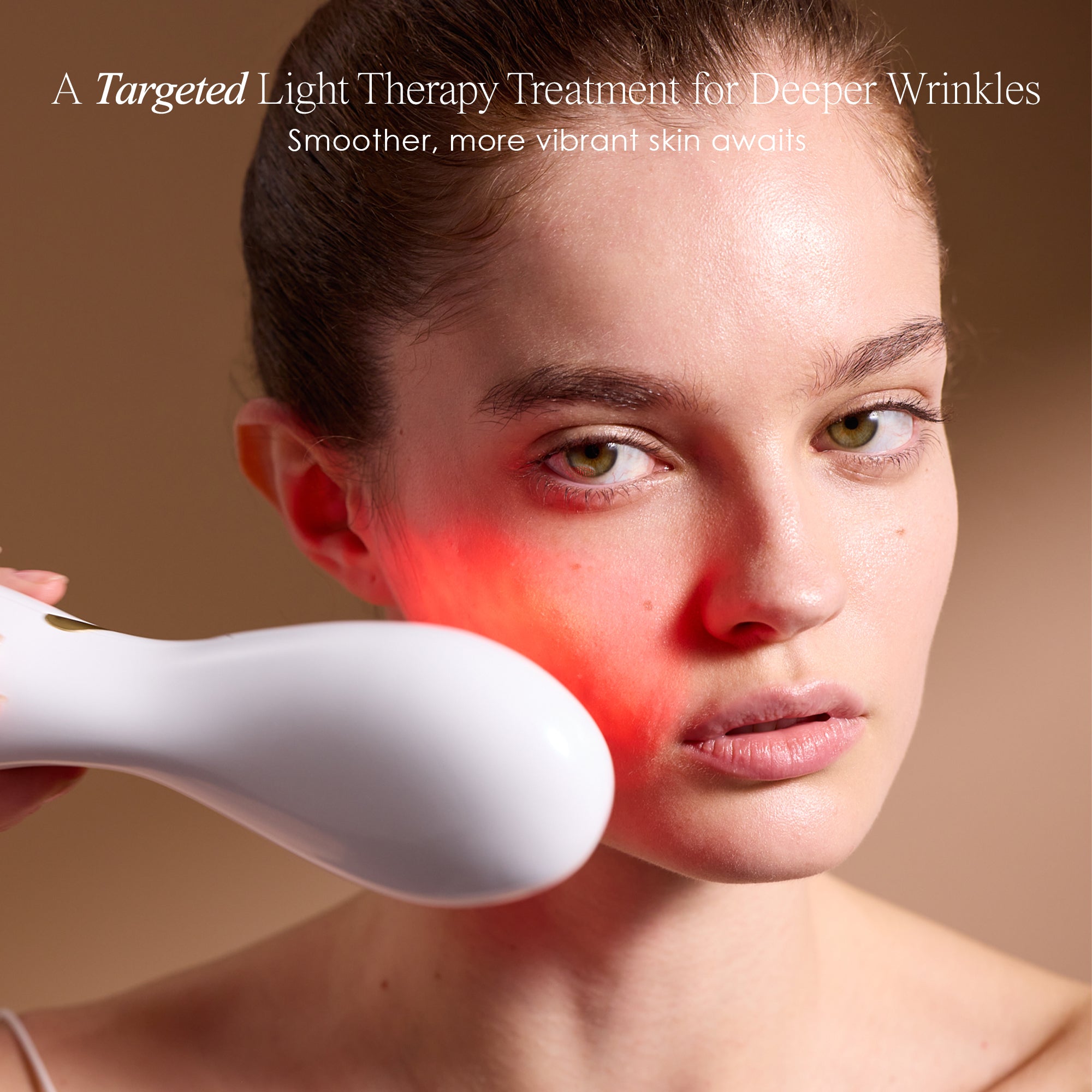 LumaGlow Red anti-aging wand showing a model using the red light therapy wand to target wrinkles
